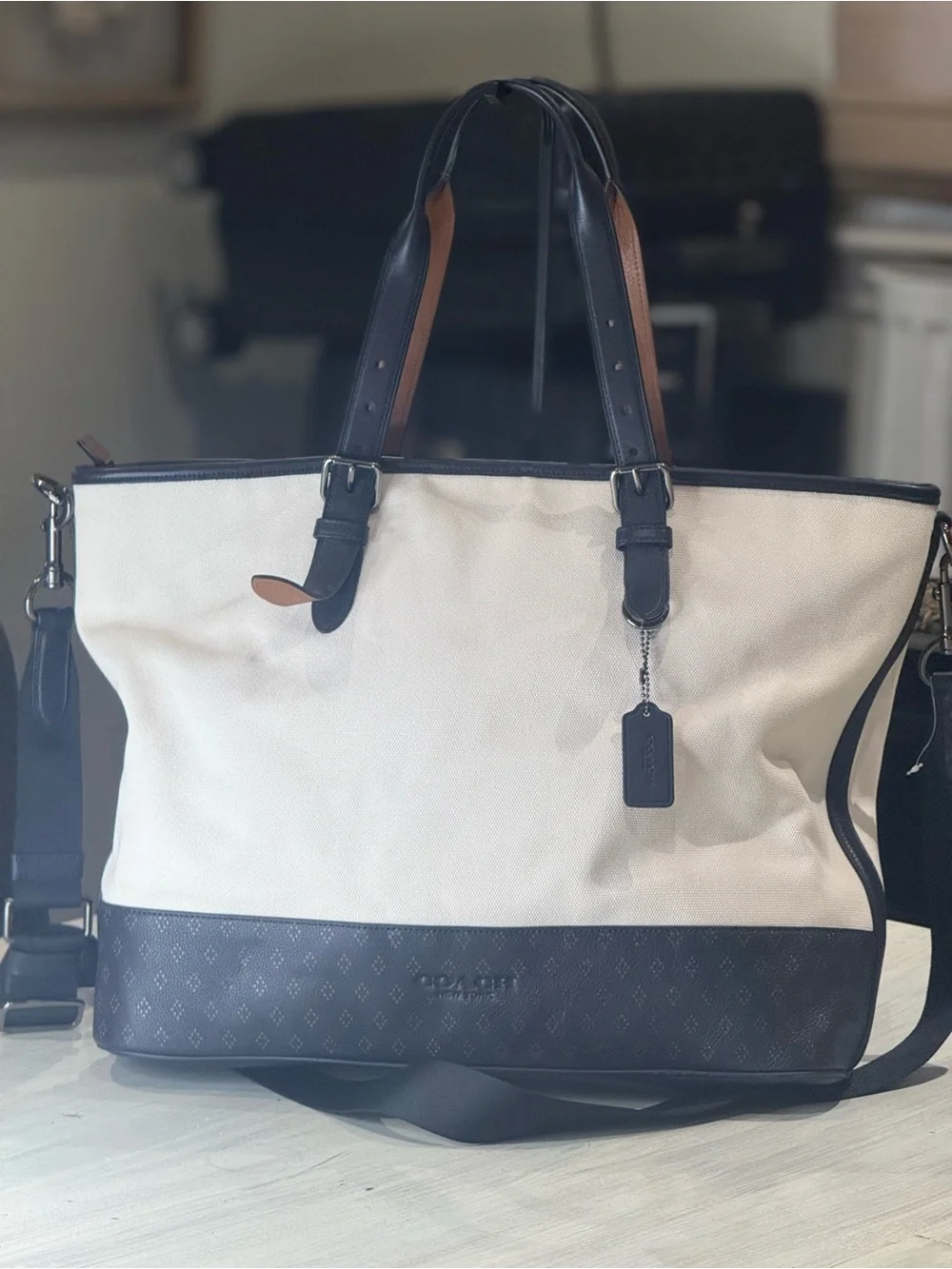 Coach Mercer Canvas Duffel/Tote in Chalk and Navy with Brown Accents- NWOT